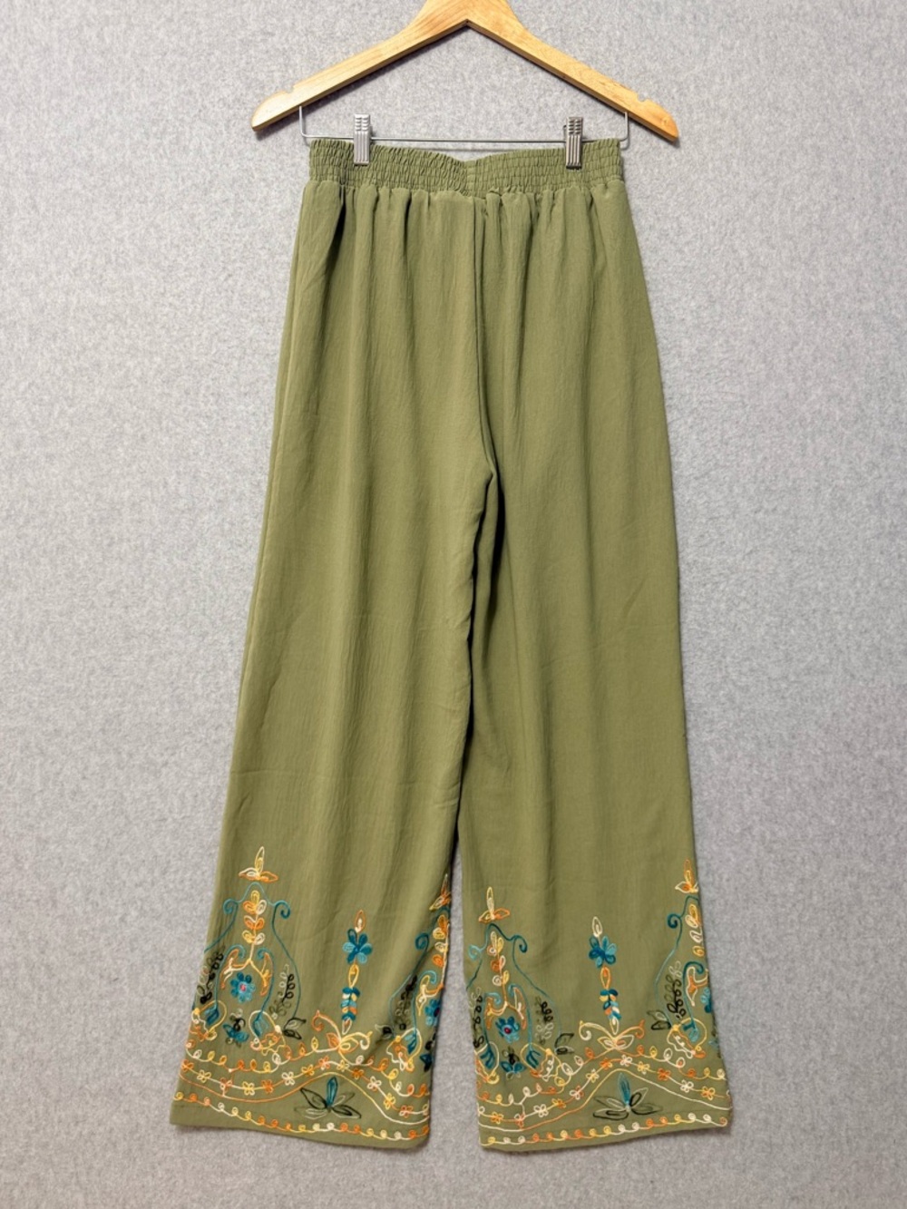 Liv Los Angeles Embroidered Wide Leg Pull On Pants Size Medium Olive Green Boho - Picture 6 of 11